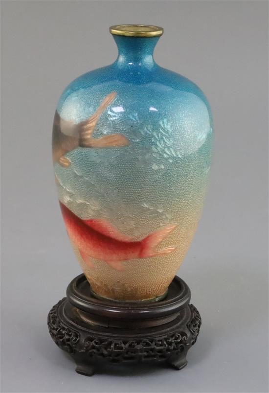 A Japanese wireless cloisonne Ginbari enamel carp vase, by Ogasawara Shuzo, Meiji Period, H. 15 cm, faults